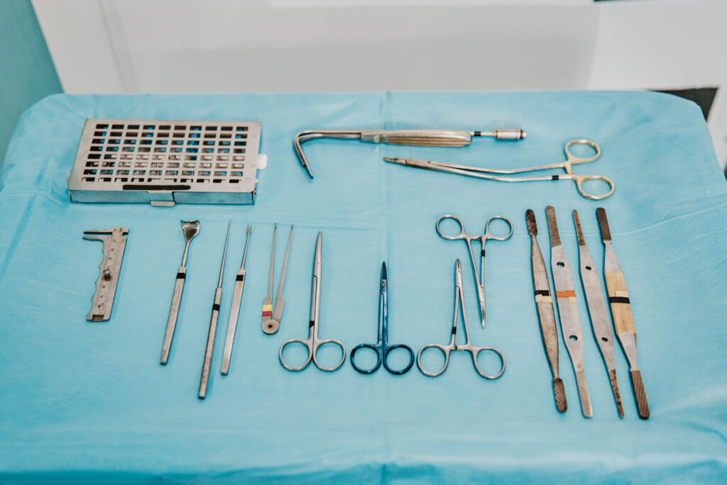 Top view of sterile surgical instruments for surgery procedure inside operation room